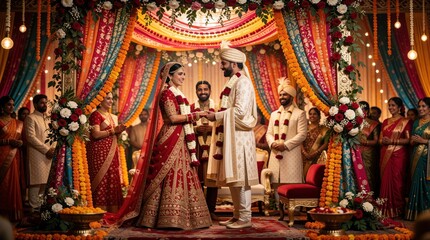 Fototapeta premium Indian bride, groom exchange rings under colorful flower mandap. Couple wears traditional wedding attire during ceremony in luxury venue. Family members watch marriage ritual with warm lighting.