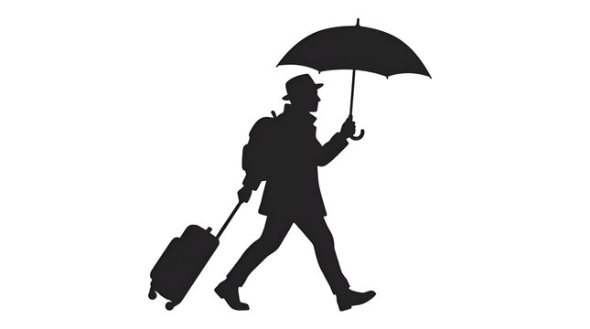 Solid black vector silhouette of a traveler walking while pulling a wheeled suitcase and holding an open umbrella, isolated on a white and transparent background.