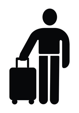 Black silhouette icon of a person standing and holding a rolling suitcase for travel and tourism