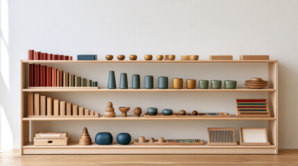 Naklejka premium Organized montessori sensorial classroom shelf with wooden learning materials, geometric shapes and colorful educational manipulatives in a minimalist interior