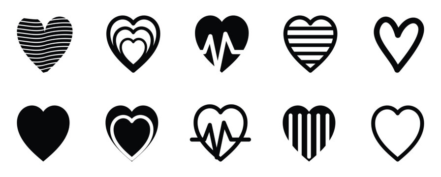 Set of ten hand drawn heart icons with various patterns and styles for romantic design projects