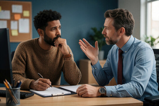 Worried male employee talks with supportive manager at office desk. Stressed worker shares problems with supervisor during difficult meeting. Empathetic leader provides encouragement, emotional