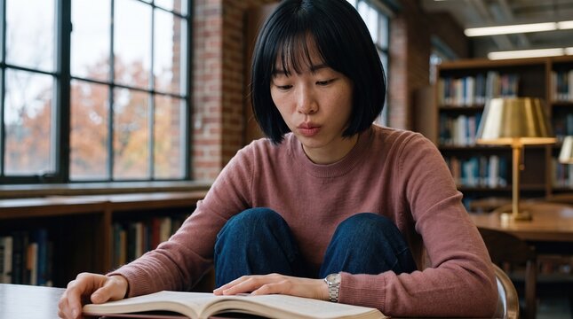 Generative AI, Young Asian woman reading a book in a library