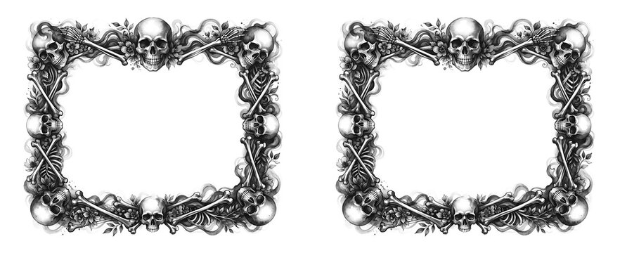 Gothic skull frame set featuring black and white ink illustrations of human skulls, crossbones, floral elements, and smoky flourishes, isolated transparent background PNG clip art for Halloween cards.