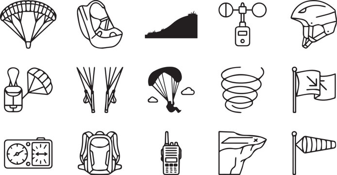 Collection of fifteen black and white line representing paragliding, extreme sports, flight equipment, mountain gear, and wind navigation