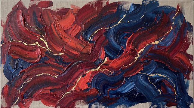 Abstract expressionist painting featuring bold swirling brushstrokes of deep red and dark blue oil paint textures