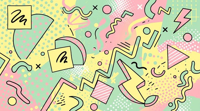 Abstract background with colorful geometric shapes and hand drawn doodle elements in a fun retro style