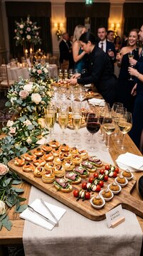 Elegant catering buffet with delicious appetizers and snacks at a luxury evening party event in a fancy restaurant
