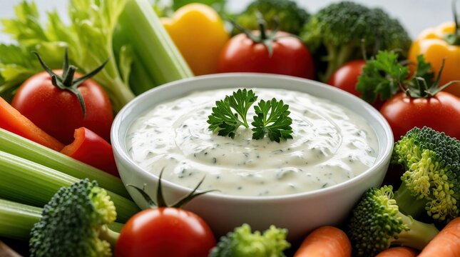 Creamy ranch dressing in white bowl surrounded by fresh vegetables. Healthy snack with tomatoes, broccoli, carrots, celery. Colorful raw veggie platter with tasty dip for appetizer, party food diet