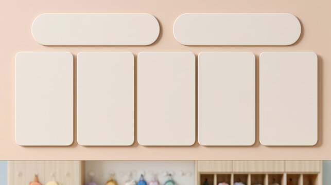 Blank preschool attendance board template with two horizontal header cards and five vertical cards on a warm peach classroom wall