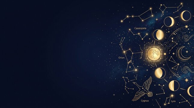Abstract background featuring golden moon phases and celestial constellations on a deep dark blue space backdrop