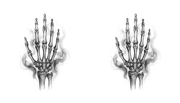 Ethereal watercolor skeleton hands with black smoke effect illustration isolated on a transparent background, creepy gothic anatomy clipart graphic element for spooky Halloween design craft PNG cutout