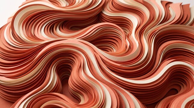 Abstract background featuring flowing wavy layers of metallic copper and cream colored textured 3d plastic material