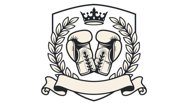 Classic boxing gloves crest with crown and laurel wreaths vector, an elegant emblem design for sports clubs, championship branding, and vintage athletic apparel