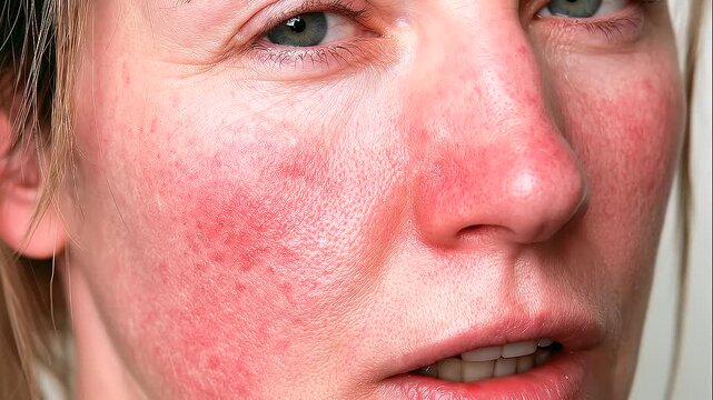 Macro close-up of a woman's closed eyes showing red irritated patches and mild scaling around the eyelids and under-eye area, eyelid eczema, periorbital dermatitis, ocular irritation, inflamed skin, a