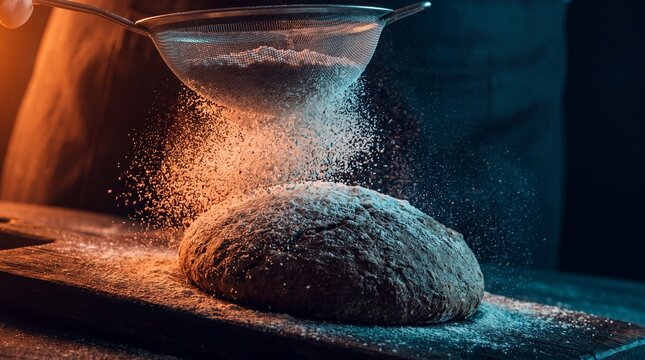 Baker sifting white flour over fresh dough in dramatic atmospheric lighting