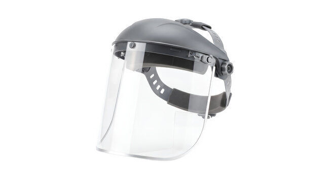 Industrial clear face shield with adjustable headgear, professional safety visor for eye protection, grey plastic PPE gear