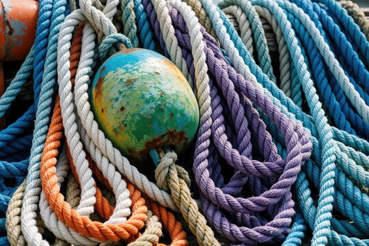 Close up of old weathered buoy among tangled colorful marine ropes. Blue, purple, orange, white thick nautical cords lie in messy pile. Rusty maritime equipment used for fishing industry boat mooring