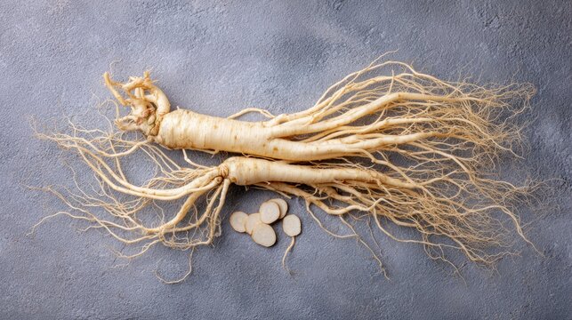 Fresh ginseng roots and slices displayed on a textured gray surface