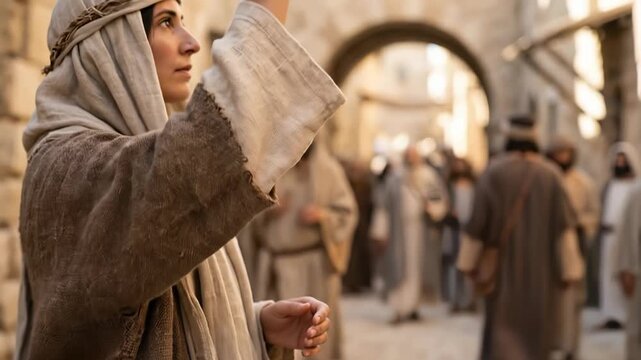 close up of a faithful person wearing ancient brown robes holding a green branch during palm sunday procession in historic stone city with blurred crowd in the background