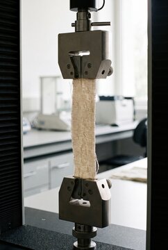 Tensile testing machine stretching fabric sample in materials science laboratory