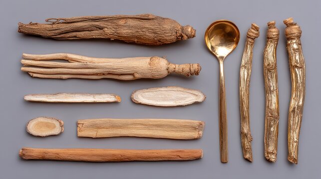 Various ginseng roots and golden spoon arranged on a gray background