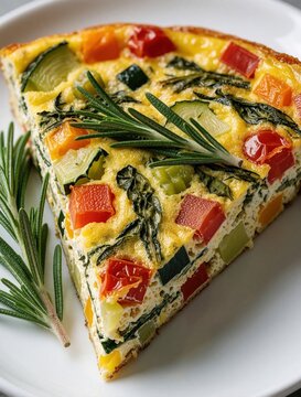 Slice of vegetable frittata with rosemary on white plate. Colorful egg dish contains bell pepper, zucchini, green herbs. Healthy vegetarian breakfast brunch meal served in kitchen. Tasty organic