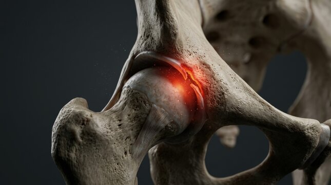 3D medical illustration of hip joint showing torn acetabular labrum and red inflamed pelvic cartilage