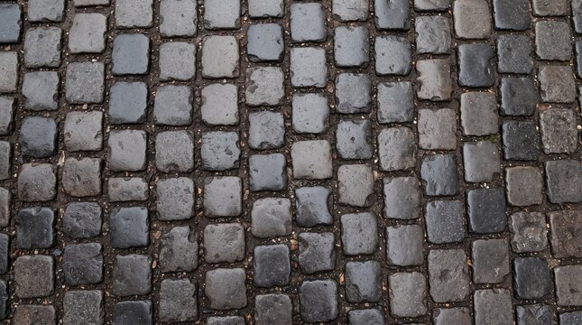 Dark basalt cobblestone pavement texture full frame top down background wet granite blocks street paving pattern