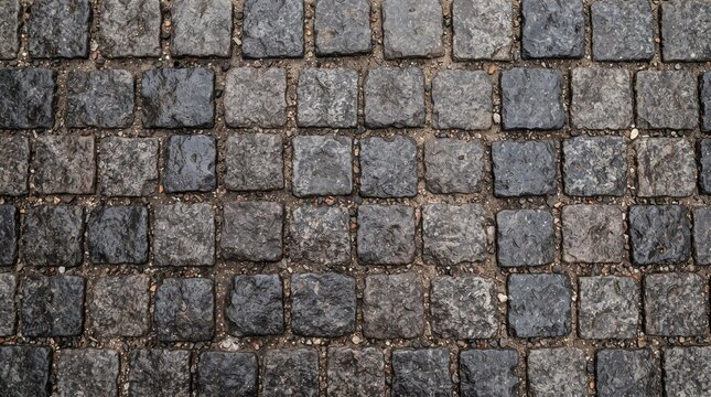 Square granite cobblestone road texture top view full frame dark gray stone block pavement pattern background