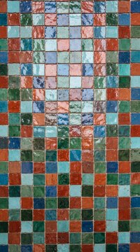 Colorful ceramic zellige square tiles pattern background full frame vibrant multi-colored glazed mosaic wall texture