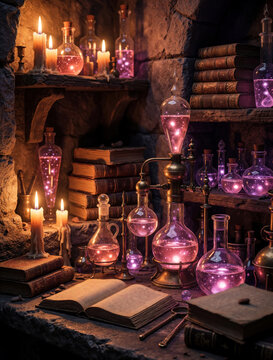 Mystical alchemy lab with glowing potions and ancient books lit by candlelight. Alchemist experiments with glass vials, retorts, and arcane scrolls in a vintage setting.