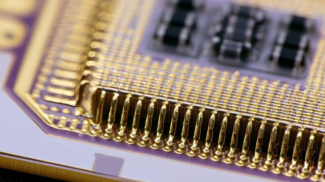 Close up of a microelectronic component with gold plated pins and black integrated circuits on a purple substrate