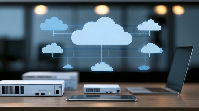 Modern office workspace with cloud computing network diagram projected above devices like laptops and servers