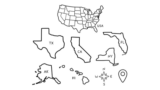 USA map hand drawn vector set featuring state outlines and navigation symbols