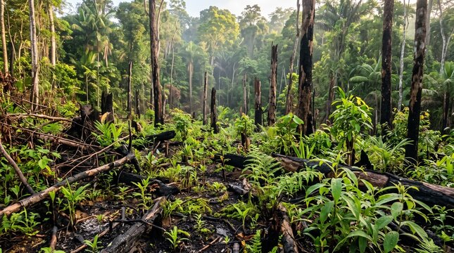 New growth emerging in deforested tropical rainforest with charred trees