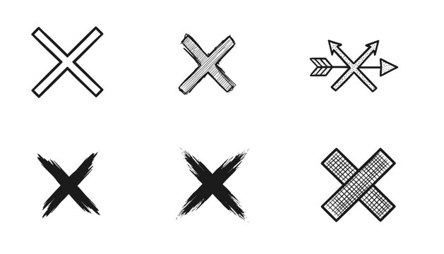 Set of various hand-drawn X symbols and cross marks in different textures and styles for marking, notes, or creative design projects.