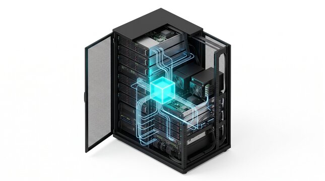 Server rack cabinet with glowing digital data proxy connection render