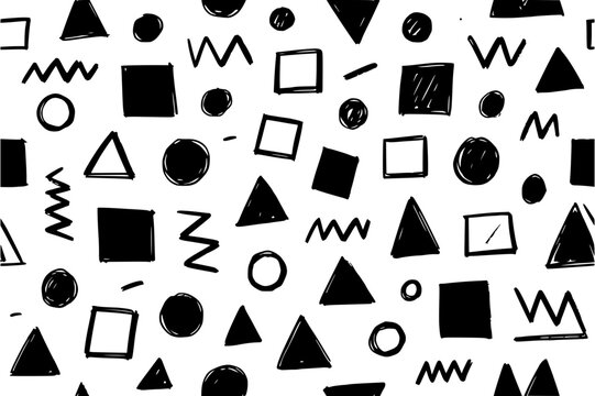 Geometric pattern features hand-drawn black shapes including triangles, squares, circles, and zigzag lines scattered across a clean white background.