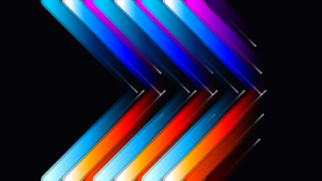Abstract neon arrow shapes with colorful gradient lines on a dark black background