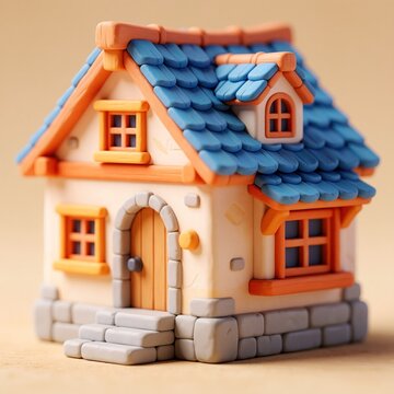 Cute 3D model of small pastel cottage. Toy style house with blue tiled roof, beige walls. Minimalist isometric bungalow with orange window frames, wooden door. Charming tiny home icon for game design