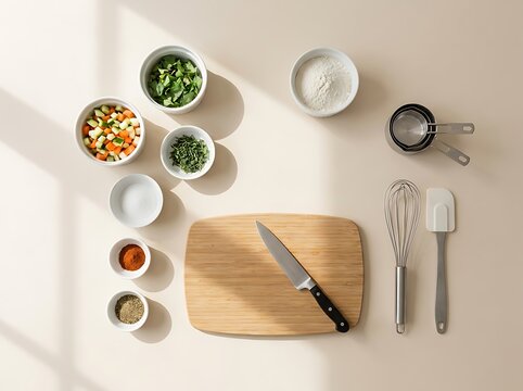Top view of kitchen cutting board with knife fresh vegetables and cooking tools for food preparation. first recipe guide