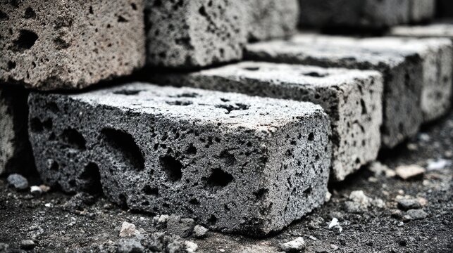 Close up of weathered bricks in shades of gray showing texture and detail