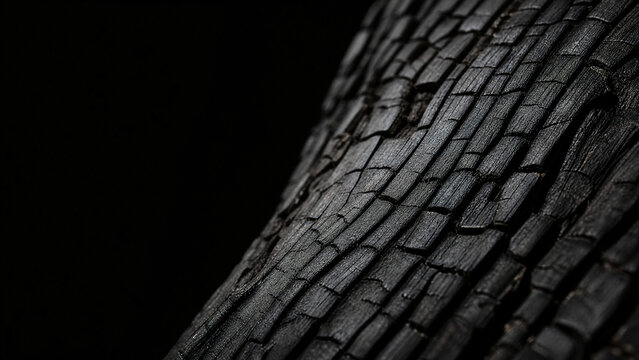 Charred wood grain texture in shou sugi ban style with deep cracked black surface under raking light