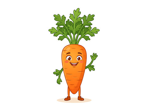 Cartoon carrot character waving hello in a friendly greeting, perfect for healthy eating and children's content.