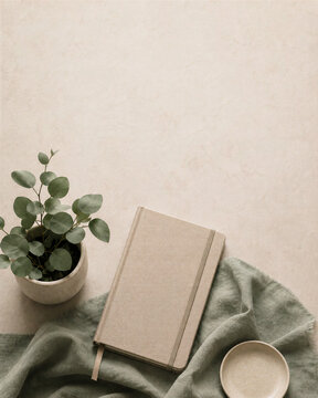World Mental Health Day neutral journal plant and green textile mindfulness flat lay