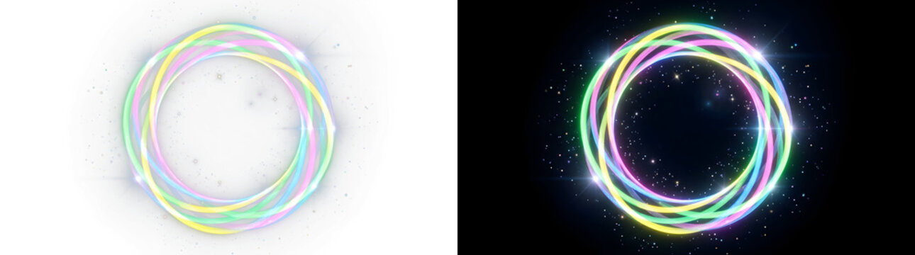 Glowing neon circle frame with colorful light swirls and magic glitter particles. Isolated design element