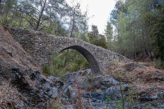 Elia medieval Venetian Bridge, a one-arch stone-built narrow bridge over the Diarizous River, located at the south-western end of Paphos Forest, Fini village, Limassol district, Cyprus