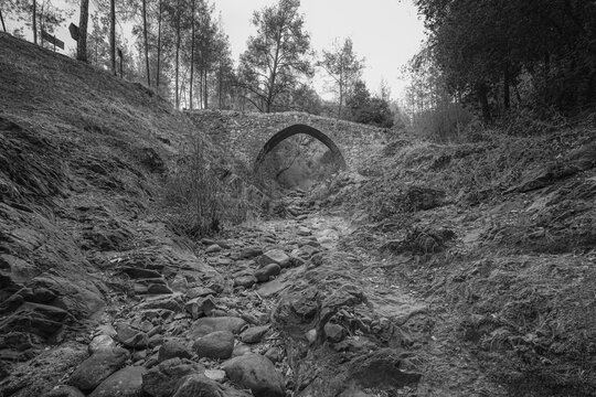 Elia medieval Venetian Bridge, a one-arch stone-built narrow bridge over the Diarizous River, located at the south-western end of Paphos Forest, Fini village, Limassol district, Cyprus