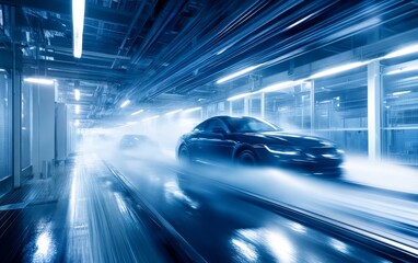 Fototapeta premium A sleek, futuristic car speeds through a brightly lit, high-tech tunnel, creating a sense of motion and advanced automotive technology